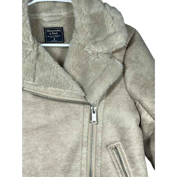 Abercrombie & Fitch Women’s Faux Suede Shearling Moto Biker Jacket Size M Tan - Picture 6 of 14